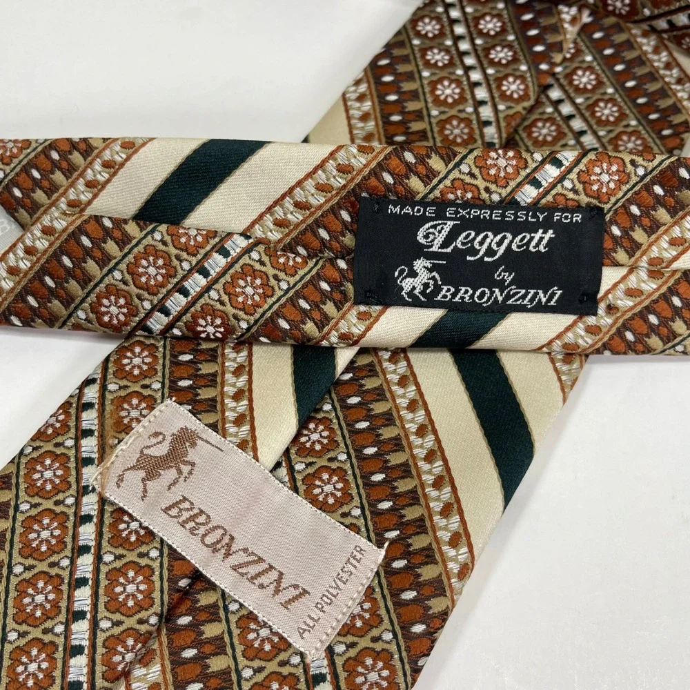 Vintage Bronzini Necktie Men Brown Tan Green Floral Striped Tie 1970s Mod Retro